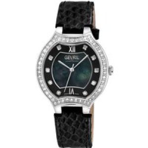 Gevril WoMens Lugano Swiss Diamond Black MOP Dial Genuine Italian Handmade Leather Watch – One Size