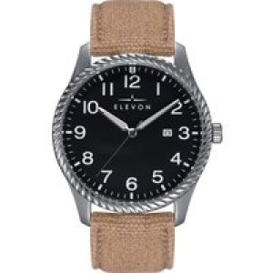 Elevon Mens Crosswind Canvas-Overlaid Leather-Band Watch w/ Date – Khaki Metal – One Size