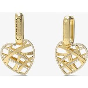Guess Gold Tone Crystal Heart Cage Huggie Earrings UBE03098YG