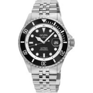 Gevril Mens Wall Street Swiss Automatic Sellita SW200 Black Bezel, Enamel Dial, SS Satin and Polished Bracelet Watch – Silver – One Size
