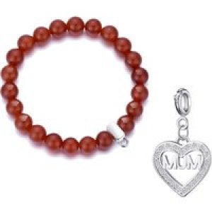 Carnelian Gemstone Stretch Bracelet with Charm Created with Zircondia® Crystals