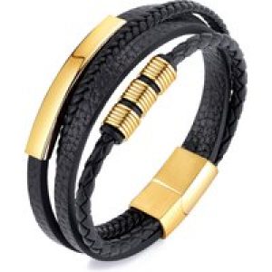 Men’s Gold Plated Steel Genuine Black Leather Double Braided Bracelet