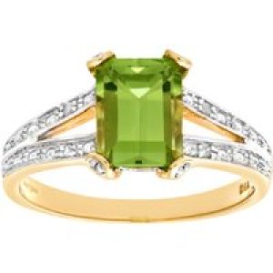 Diamant L’Eternel Womens 9ct Yellow Gold Single Stone Peridot with Diamond Set Collette and Shoulders Ladies Ring – Size H