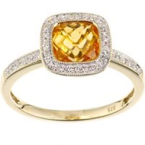 Diamant L’Eternel Womens 9ct Yellow Gold Diamond and Citrine Square Cut Gemstone Ring – Size K