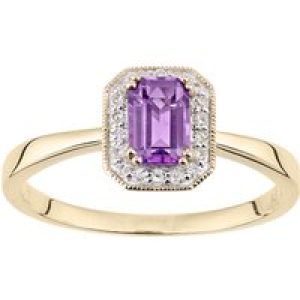 Diamant L’Eternel Womens 9ct Yellow Gold Diamond and Amethyst Gemstone Rectangle Cut Ring – Size M