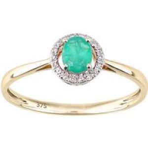 Diamant L’Eternel Womens 9ct Yellow Gold Diamond and Emerald Round Ring with Halo – Size L