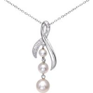Diamant L’Eternel Womens 9ct White Gold Diamond and Pearl Ribbon Drop Pendant and Chain of 46cm – One Size