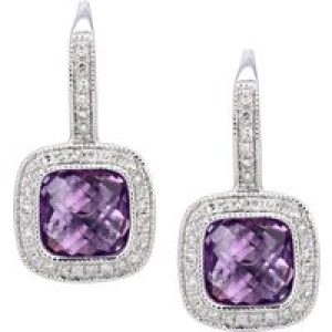 Diamant L’Eternel Womens 9ct White Gold Diamond and Amethyst Square Hoop Earrings – One Size