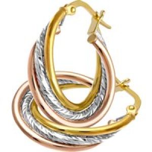 Diamant L’Eternel Womens 9ct 3 Colour Gold Diamond Cut Crossover Hoop Earrings of 15mm Diameter – Multicolour – One Size