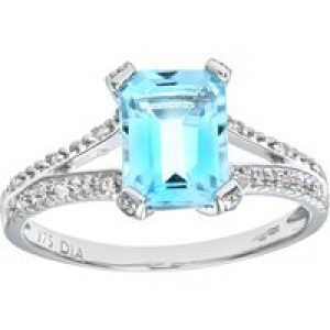 Diamant L’Eternel Womens 9ct White Gold Emerald Cut Blue Topaz Ring With Diamond Shoulders – Size J