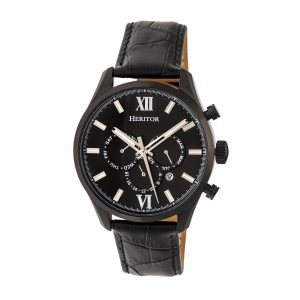 Heritor Automatic Mens Benedict Leather-Band Watch w/ Day/Date – Black Stainless Steel – One Size