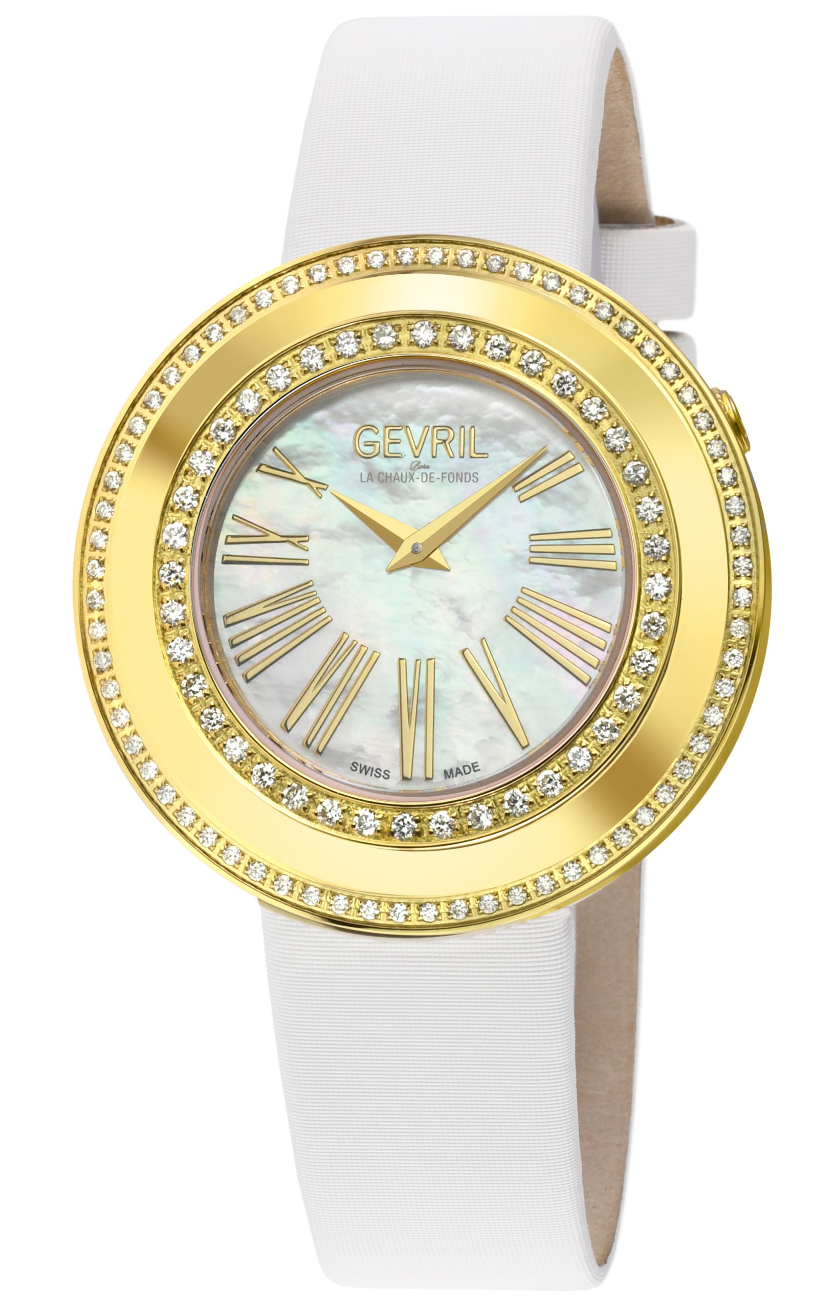 Gevril WoMens Gandria Swiss Diamond White MOP Dial, Genuine Italian Made Leather Watch - One Size
