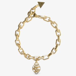 Guess Gold Tone Crystal Heart Cage Charm Bracelet UBB03094YGL