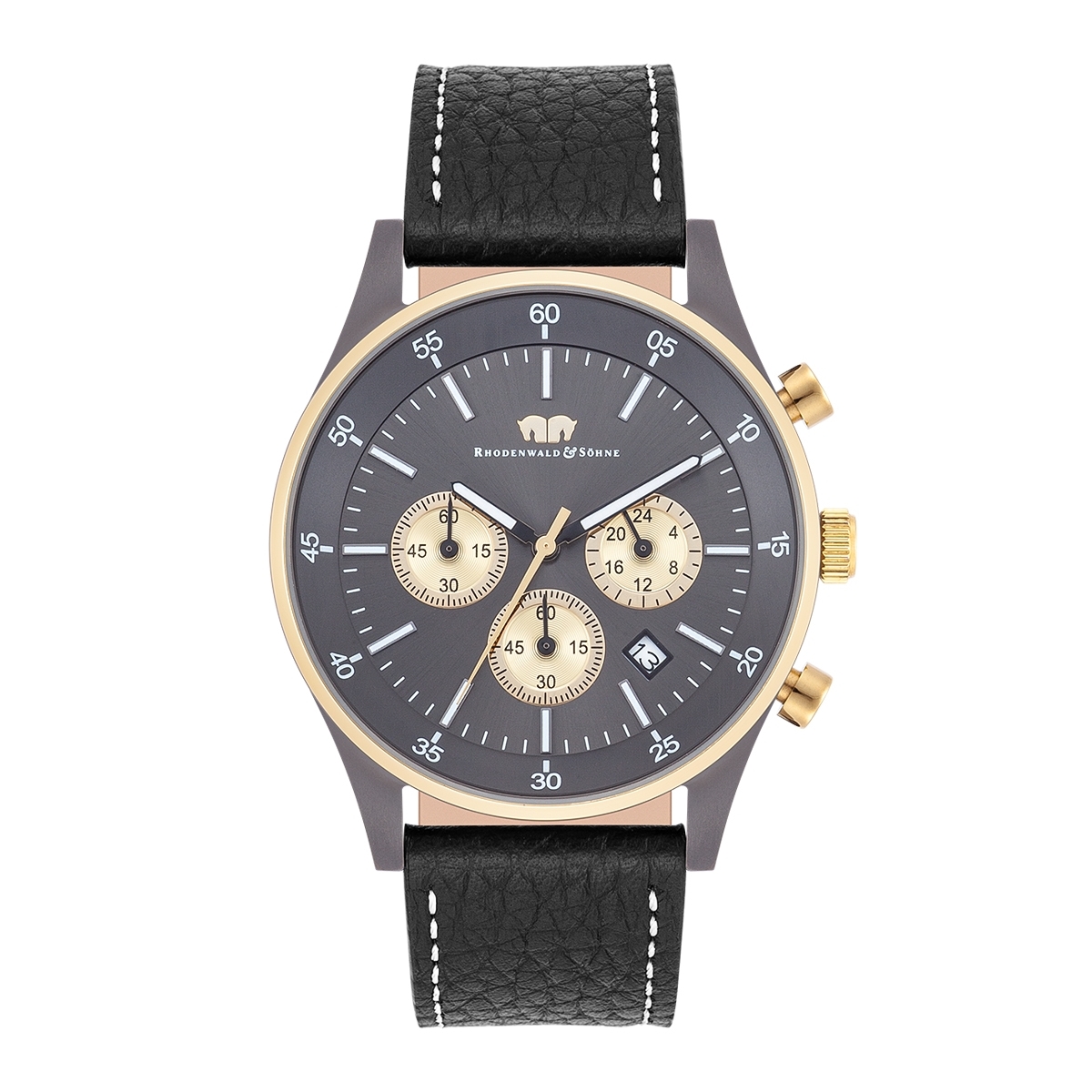 Rhodenwald & Söhne Mens Male Genuine leather Watch 43 mm - Gold/Grey Stainless Steel (archived) - One Size