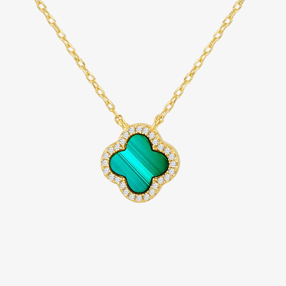 LUXE Silver Gold Plated Malachite & Cubic Zirconia Clover Necklace 8.12.0190