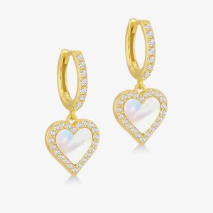 LUXE Silver Gold Plated 10mm Mother Of Pearl & Cubic Zirconia Heart Dropper Hoop Earrings 8.53.0019