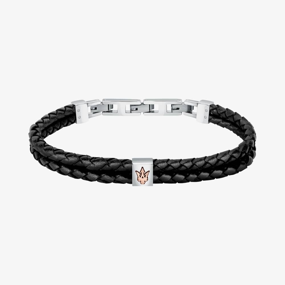 Maserati Black Two Row Braided Leather Rope Bracelet JM422AVE13