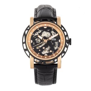 Reign Mens Stavros Automatic Skeleton Leather-Band Watch – Rose Gold Stainless Steel – One Size