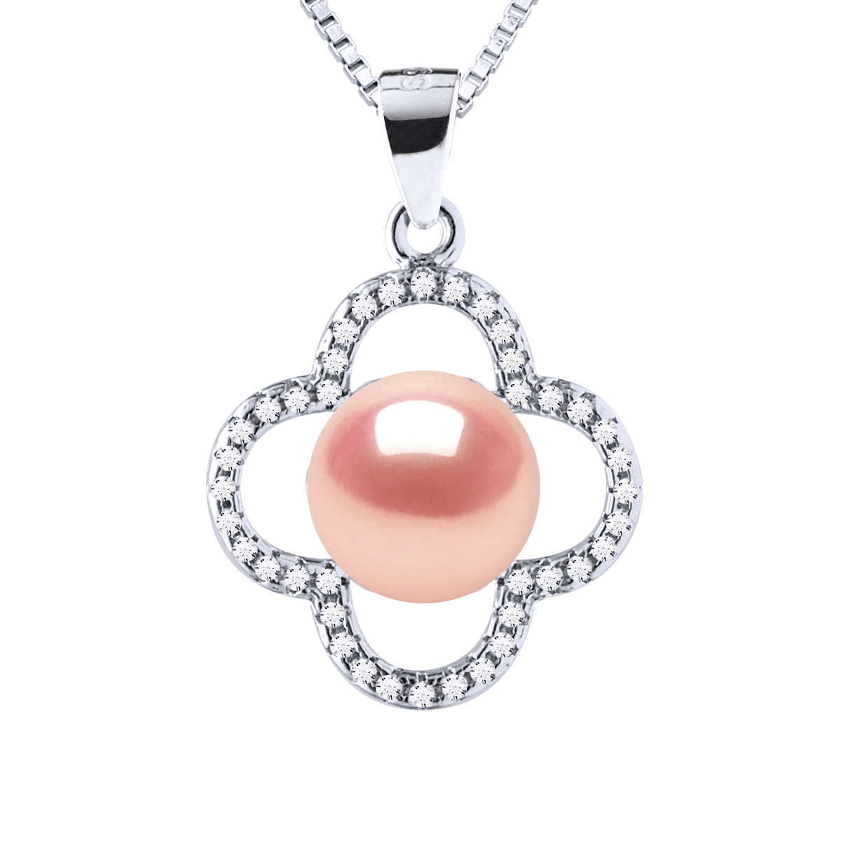 Diadema Womens CLOVER Necklace Freshwater Pearl 9-10 mm Pink 925 Silver - One Size