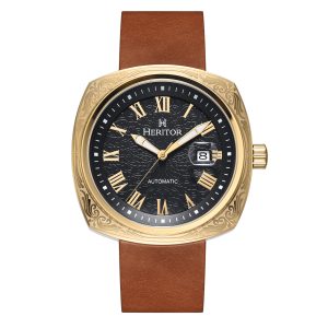 Heritor Automatic Mens Davenport Engraved-Case Leather-Band Watch w/ Date – Brown Stainless Steel – One Size