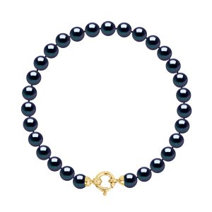 Diadema Womens – Bracelet – Real Freshwater Pearls – Black Tahitian Style- Yellow Gold – One Size