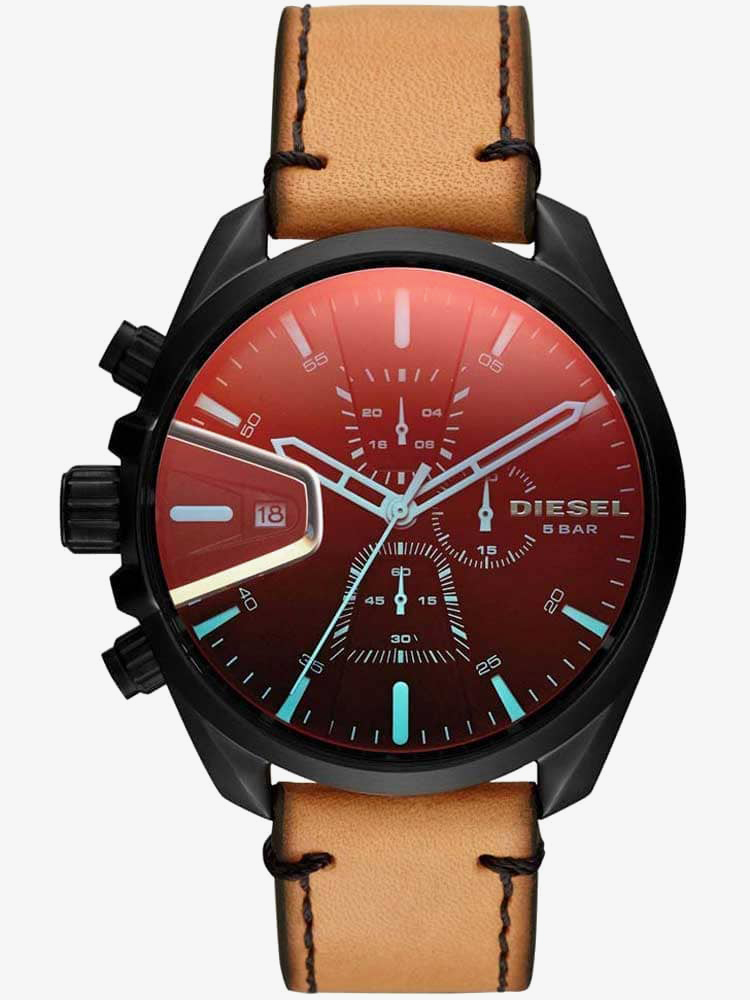 Diesel Mens MS9 Chronograph Iridescent Dial Brown Leather Strap Watch DZ4471