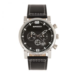 Breed Mens Ryker Chronograph Leather-Band Watch w/Date – Black Stainless Steel – One Size