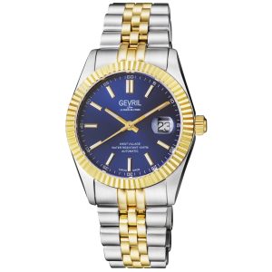 Gevril Mens Computerized West Village Swiss Sellita SW200 Blue Sunray Dial IPYG Stainless Metal Bracelet – Gold – One Measurement