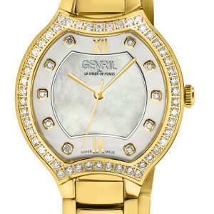 Gevril WoMens Lugano Swiss Diamond White MOP Dial 316L Stainless Steel IPYG Bracelet Watch – Gold – One Size
