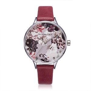 Victoria Hyde London Womens Watch Flower Pattern Leather, red – Red & Violet Stainless Steel – One Size