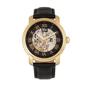 Reign Mens Kahn Automatic Skeleton Leather-Band Watch – Gold Stainless Steel – One Size