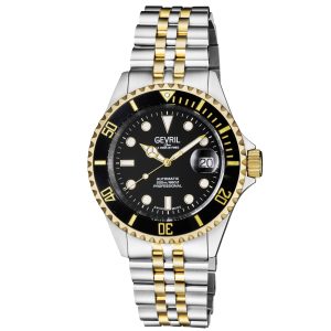 Gevril Mens Wall Street Swiss Automatic Sellita SW200 Black Dial Two Tone IP Gold Stainless Steel Bracelet Watch – Silver & Gold – One Size