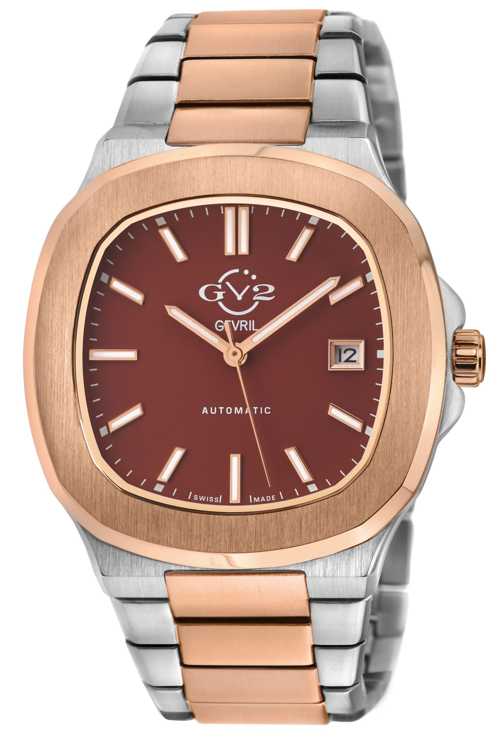 Gv2 Computerized Mens Potente Swiss Burgundy Dial 316L Stainless Metal Two toned IPRG Bracelet Watch - Silver - One Dimension