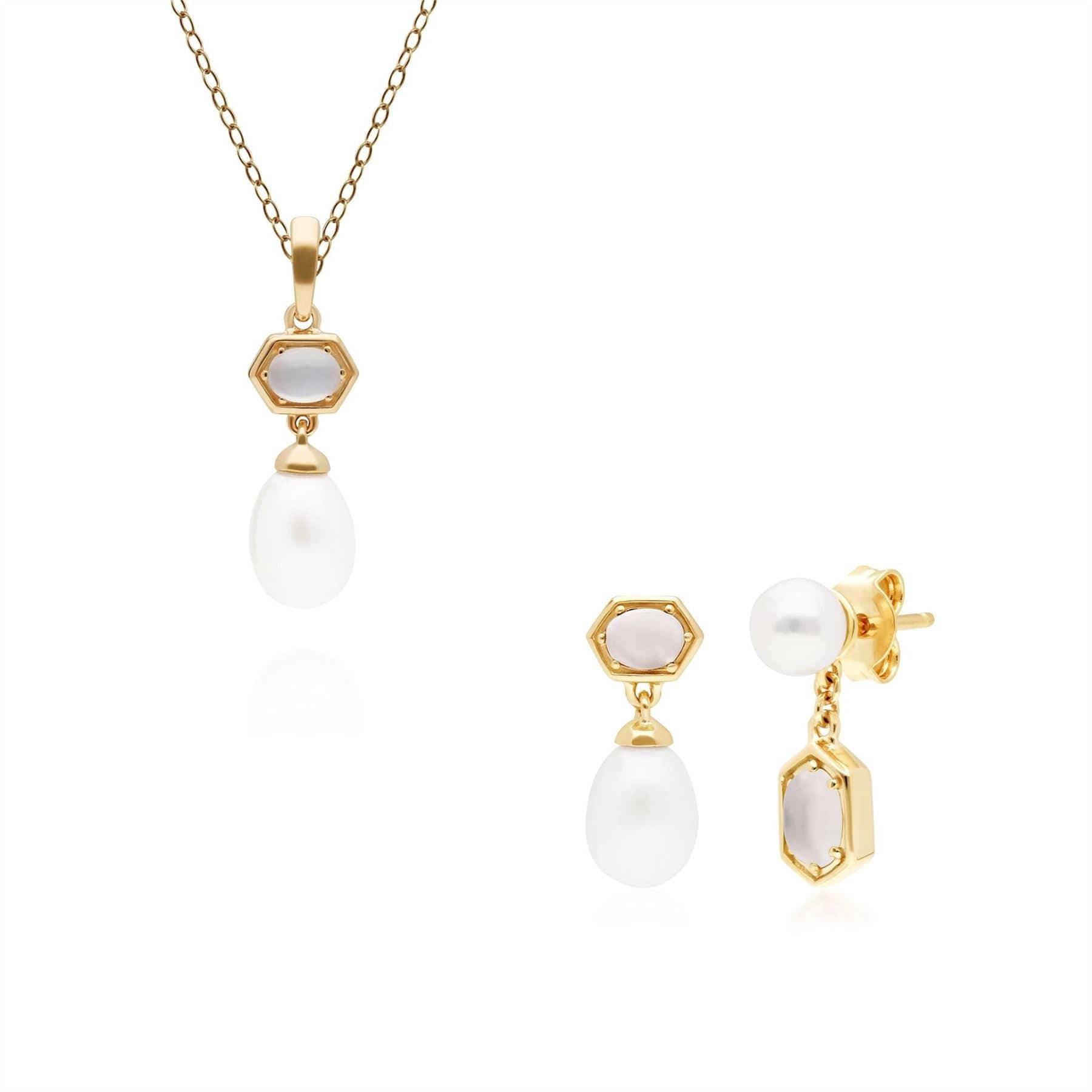 Fashionable Pearl & Moonstone Pendant & Earring Set in Gold Plated Silver