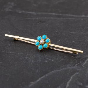 Pre-Owned Vintage 15ct Yellow Gold Turquoise & Seed Pearl Brooch 4113044