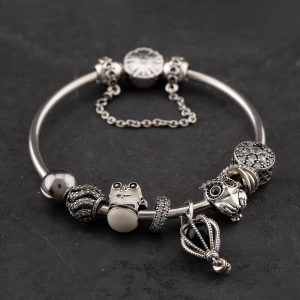 Pre-Owned Pandora Silver Multi Stone 9 Assorted Bead 19cm Plain Bangle 41251293