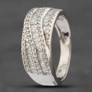 Pre-Owned 9ct White Gold Round & Baguette Cut Diamond Crossover Five Row Ring 41381783