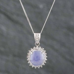 Pre-Owned Platinum Certificated 2.47ct Lavender Jade & 0.25ct Brilliant Cut Diamond Oval Cluster Pendant & 18 Inch Curb Chain 43141095