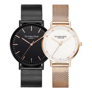 Victoria Hyde London Unisex Couple Watches Gift Set Black Rose Gold – Black & Rose Gold Stainless Steel – One Size