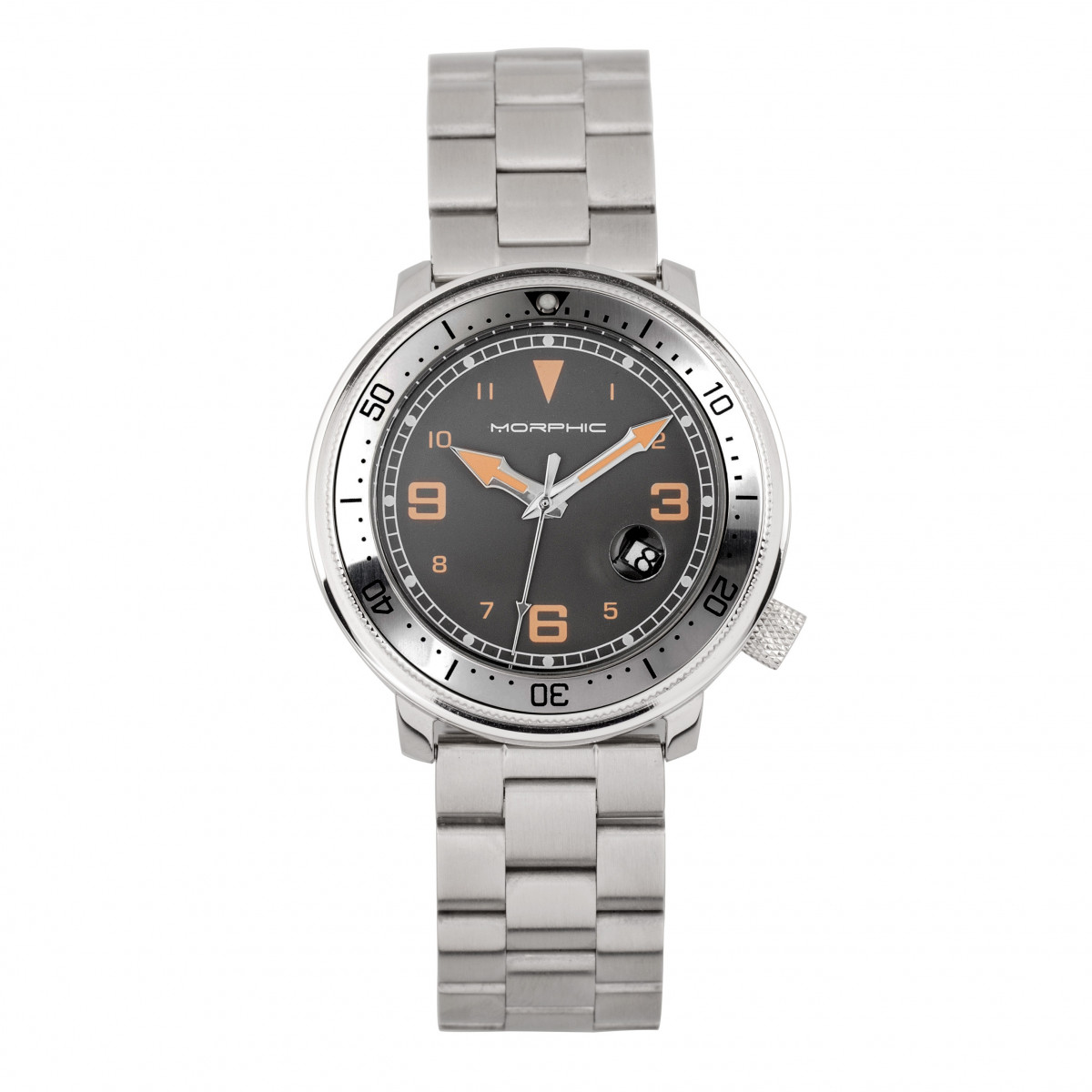 Morphic Mens M74 Series Leather-Band Watch w/Magnified Date Display - Grey Stainless Steel - One Size