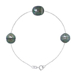 Diadema Womens – Bracelet – 3 Real Tahitian Pearls – Cable Chain Diamonds – Natural Silver – One Size
