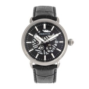 Heritor Automatic Mens Mattias Leather-Band Watch w/Date – Black & Silver Stainless Steel – One Size