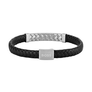 BOSS Herringbone Black braided Leather-based & Metal Gentlemen Cuff 1580674M