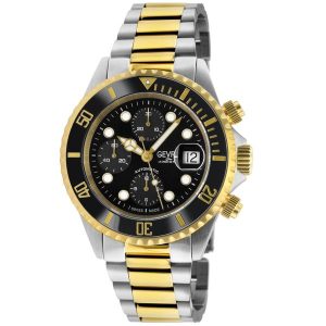 Gevril Mens 4152A Wall Street Chronograph Swiss Automatic ETA Valjoux 7750 Black Dial Watch – Silver & Gold Stainless Steel (archived) – One Size
