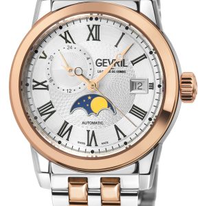 Gevril Mens Madison Moon phase Open Heart Silver/Black Dial, Rose Gold Stainless Steel Swiss Automatic Sellita SW285-B Watch – Silver & Gold – One Size