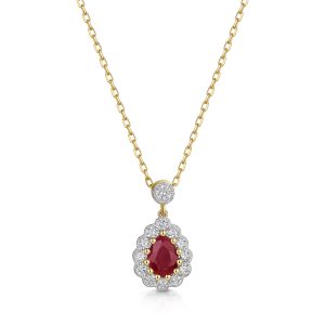9ct Yellow Gold 0.80ct Ruby with Lab Grown Diamond Halo Drop Pendant