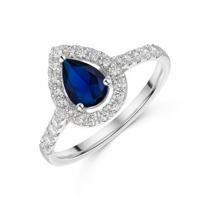 9ct White Gold 0.90ct Pear Reduce Sapphire with a Lab Grown Diamond Halo and Shoulders 1.35tw