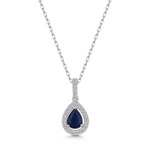 9ct White Gold 0.50ct Pear Lower Sapphire and Lab Grown Diamond Halo Pendant