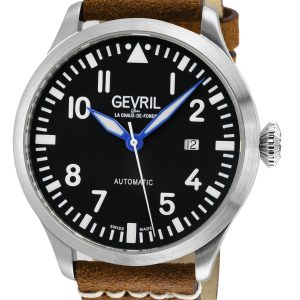 Gevril Mens Vaughn Swiss Automatic Selitta SW200 Black/White Dial, Genuine Leather Watch – Brown – One Size