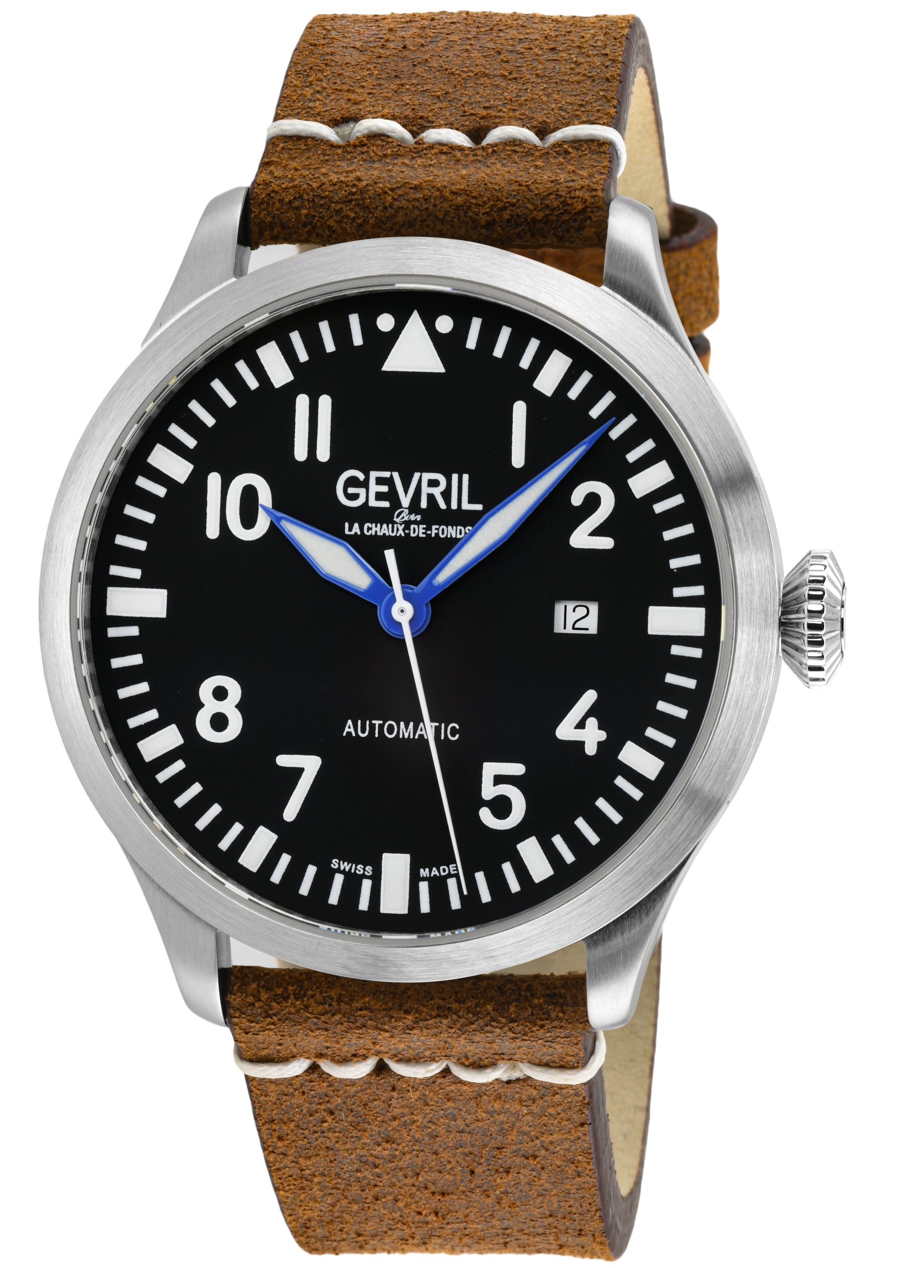 Gevril Mens Vaughn Swiss Automatic Selitta SW200 Black/White Dial, Genuine Leather Watch - Brown - One Size